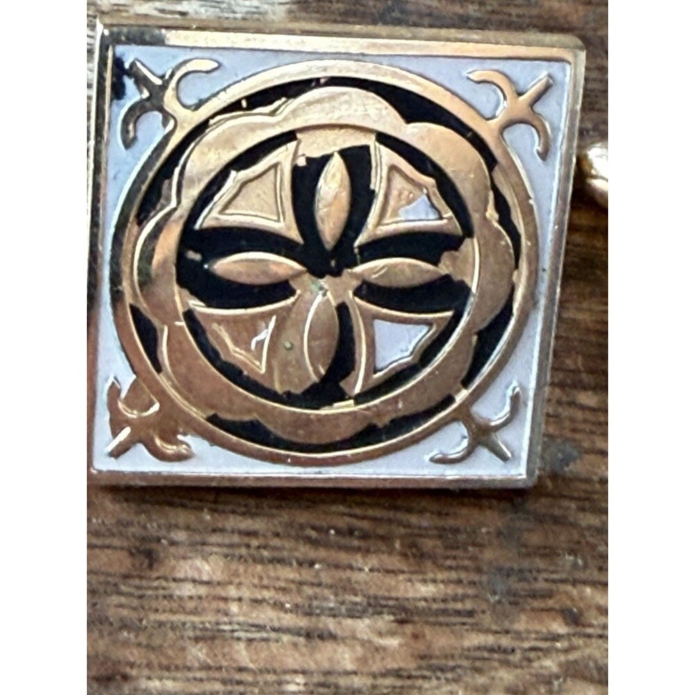 Vintage Square Cufflinks With Gold Tone, Etched Cross, And Enamel Inlay